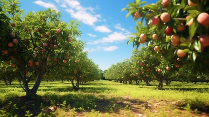 A picturesque lychee orchard landscape under a clear blue sky, with rows of trees laden with ripe fruit, creating a scene of abundance and natural beauty.