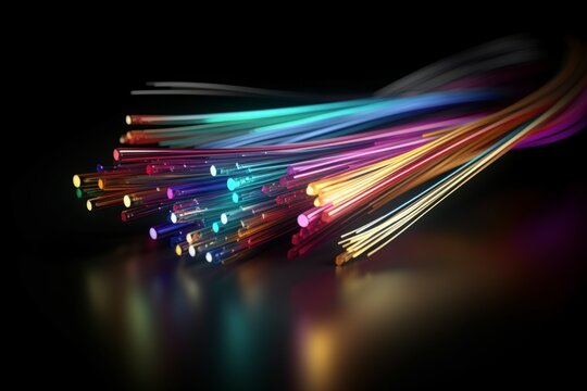 Colorful optic cable on dark background. Network connectivity lines cabling equipment. Generate ai