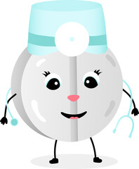 Cute cartoon doctor pill with stethoscope and hat. Vector character for medical mascot logo poster