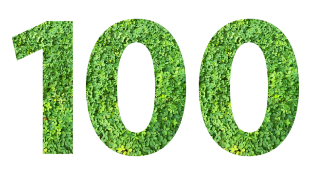 The shape of the number 100 is made of green grass isolated on transparent background. Go green concept.