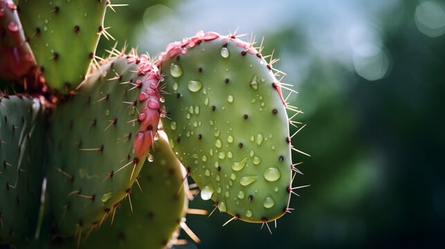 A Prickly Pear fruit hanging from a cactus pad, glistening with dewdrops after a morning rain. High-resolution 8K image with crystal-clear details