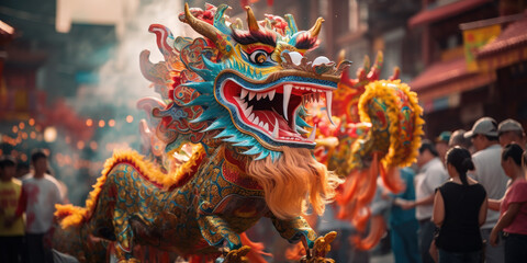 chinese new year, street festival, red dragon, life-size puppet, traditions, mythical animal, theater, performance, China, show, carnival, legend, symbol, Christmas, city, scary, eyes, face, teeth