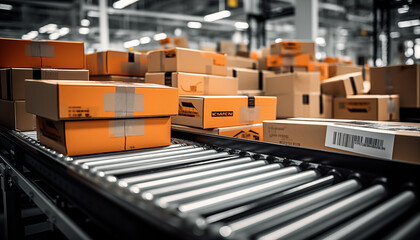 Packaging boxes lying next to a conveyor belt,