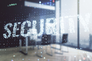 Cyber security creative concept and modern desktop with computer on background. Double exposure