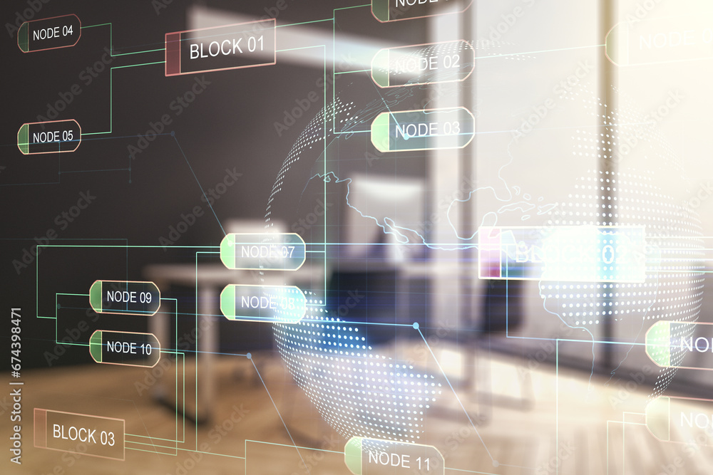 Poster Abstract creative coding illustration with world map and modern desktop with pc on background, international software development concept. Multiexposure