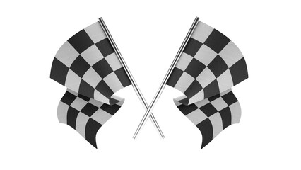 3D rendering of checker crossed flag pair, waving checker flags to crown a champion or the winner of a race on a white background