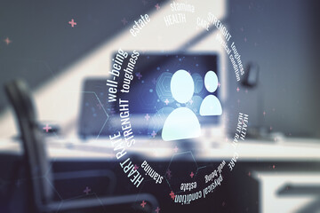Creative abstract people icons hologram and modern desktop with pc on background, life and health insurance concept. Multi exposure