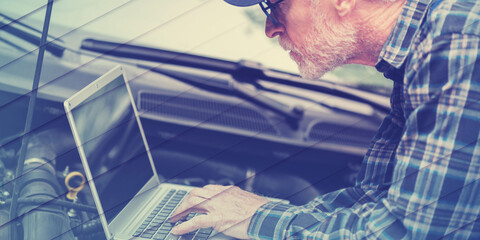 Mechanic using laptop for checking car engine, geometric pattern
