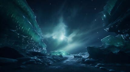 a scenic view in north pole at the night, aurora in the night sky, snow mountain, dramatic light and shadows,