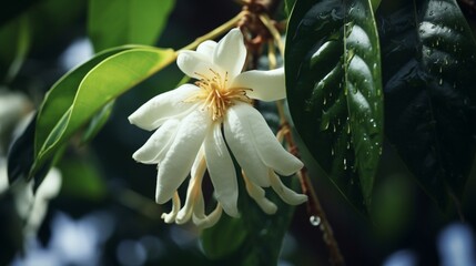 A soursop flower blooming on the tree, close-up to reveal its intricate details.