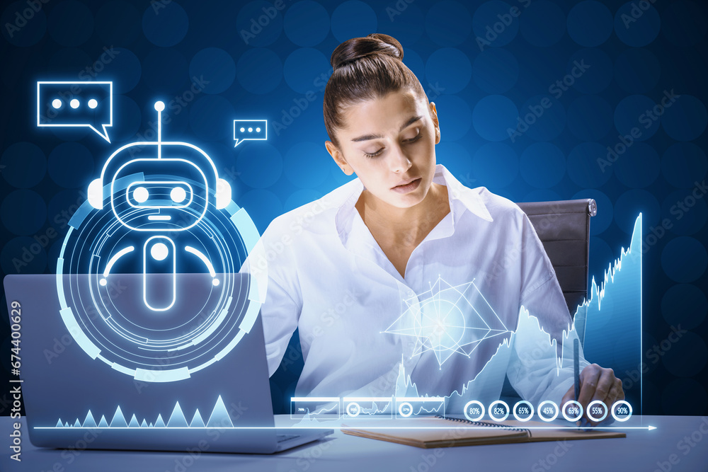 Poster attractive young businesswoman doing paperwork at desktop with laptop and glowing robot and chart on