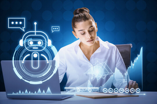 Attractive young businesswoman doing paperwork at desktop with laptop and glowing robot and chart on blue background. Artificial intelligence, chat GPT, assistant and machine learning concept. - Powered by Adobe