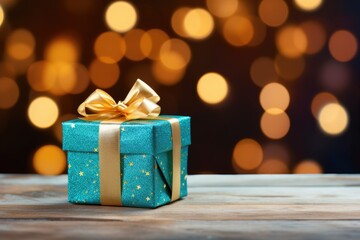 Christmas gift box with golden ribbon bow on a wooden table.