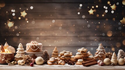 Obraz premium Christmas baked gingerbread cookies decorated with festive icing on desk. Holiday homemade sweets.