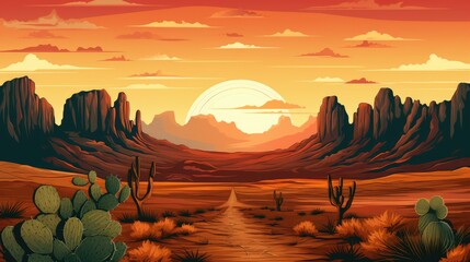 Wild Western Texas desert sunset with mountains and cactus. Generative AI - obrazy, fototapety, plakaty