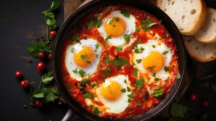Traditional shakshuka with eggs, tomato and parsley in a iron pan. Top view with copy space. Israeli food