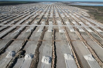 Salt Stacks at Salt Mine near Lake MacDonnell in South Australia, Aerial Drone Image