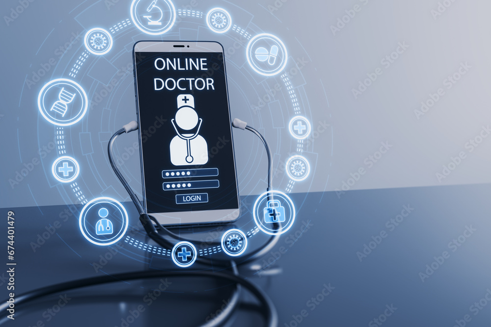 Poster close up of smartphone with abstract medical hologram, doctor with stethoscope and other icons on gr