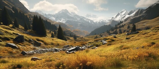 Panoramic view of the mountains and the river in the autumn