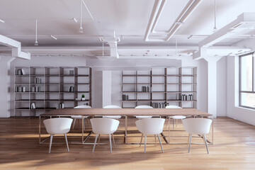 New loft meeting room interior with bookshelves, wooden flooring, furniture and panoramic window with city view and daylight. 3D Rendering.