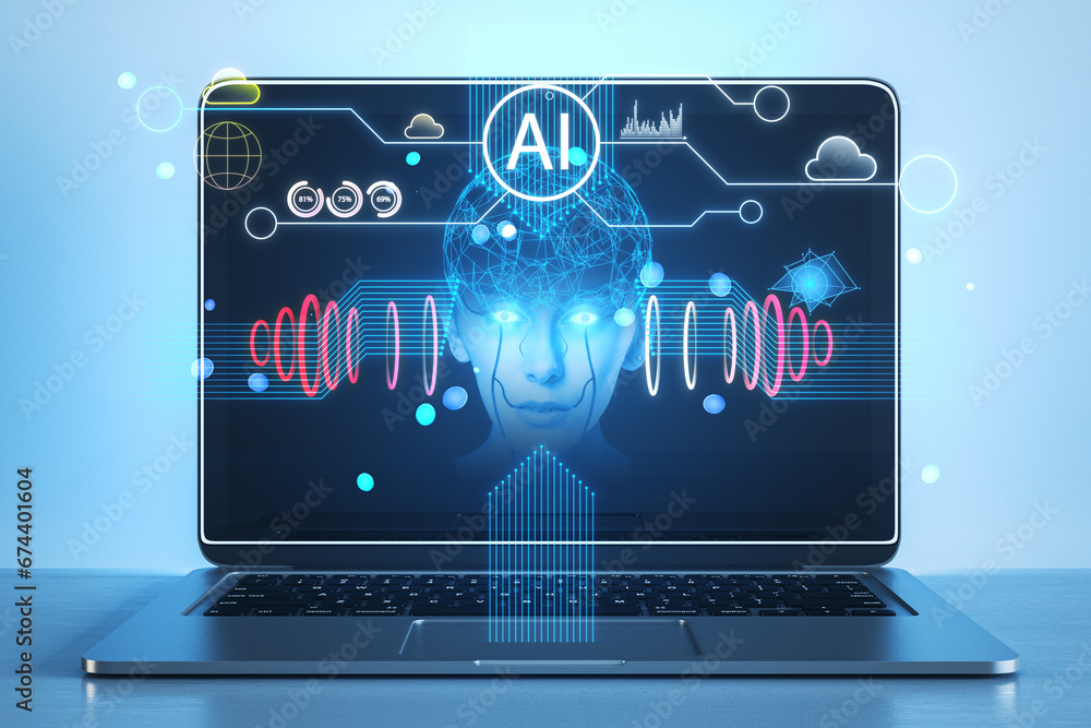 Poster Close up of laptop on desk with creative polygonal human head and icons hologram on blurry background. Artificial intelligence, chat GPT, bot assistant and machine learning concept. 3D Rendering.