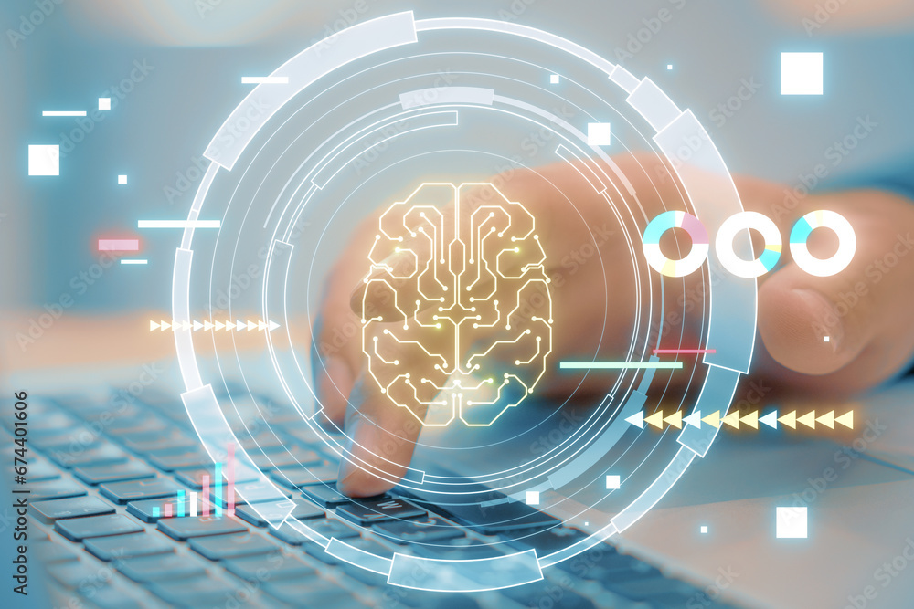 Leinwandbilder close up of male hands using laptop keyboard on desk with glowing round brain hologram on blurry bac