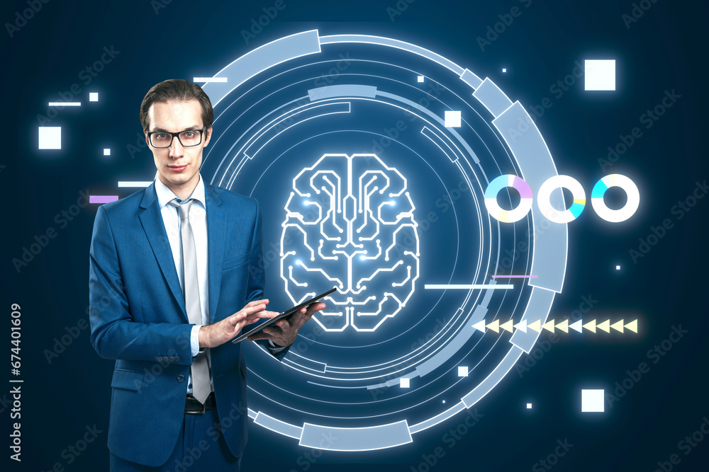 Poster Attractive young european businessman using smartphone with glowing round brain hologram on dark background. Artificial intelligence, chat GPT, bot assistant and machine learning concept.