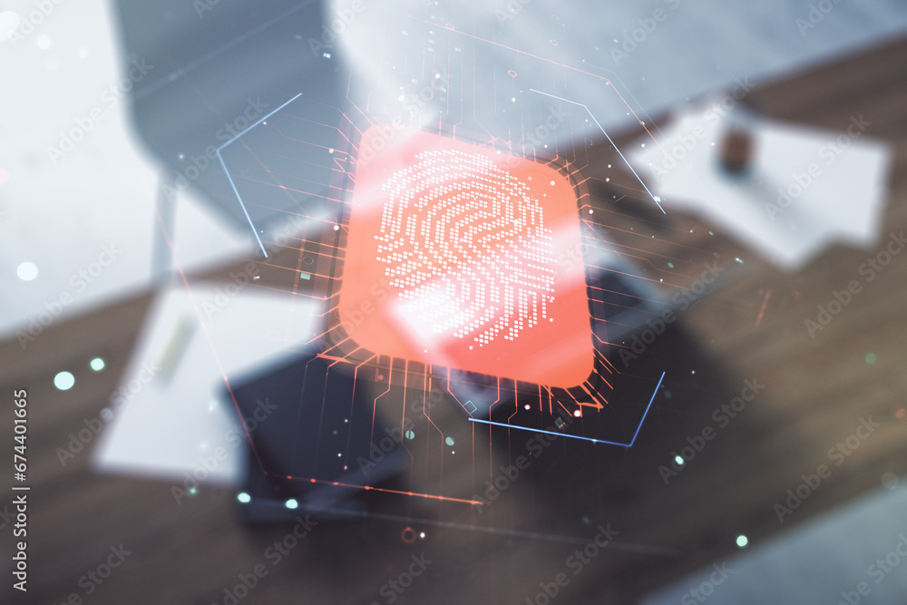Poster Multi exposure of abstract graphic fingerprint sketch and modern desktop with pc on background, fingerprint scan data concept