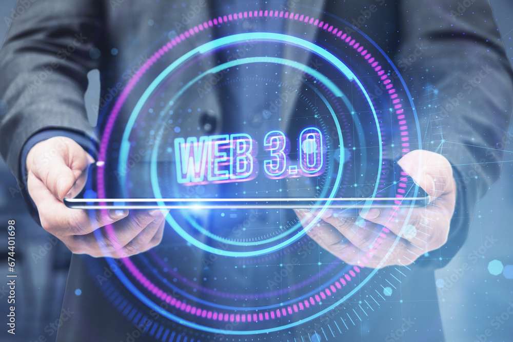 Poster close up of man hands holding tablet with creative glowing round web 3.0 hologram on blurry backgrou
