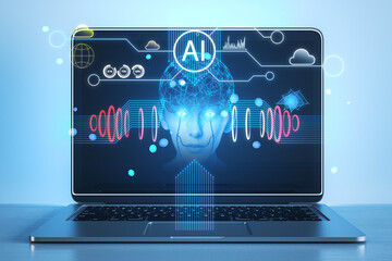 Close up of laptop on desk with creative polygonal human head and icons hologram on blurry background. Artificial intelligence, chat GPT, bot assistant and machine learning concept. 3D Rendering.