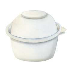 Plastic box for donuts or pastry watercolor illustration isolated on white background. Empty transparent disposable container template for takeaway food, ecology problem designs