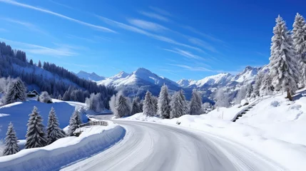 Fotobehang blue nature road alpine landscape illustration tourism winter, background sky, cold alps blue nature road alpine landscape © sevector