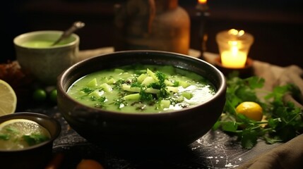 A steaming bowl of Chayote soup garnished with fresh herbs and spices.