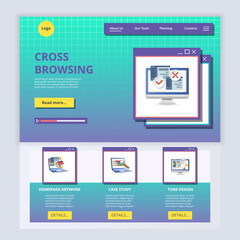 Cross browsing flat landing page website template. Homepage artwork, case study, tune design. Web banner with header, content and footer. Vector illustration.