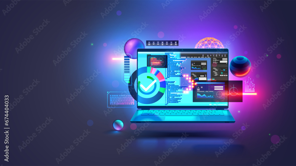 Fototapete Software development technology. Web design, programming coding concept. Program code on screen laptop, code of program, data, interface elements on screen laptop. Software development tech concept.