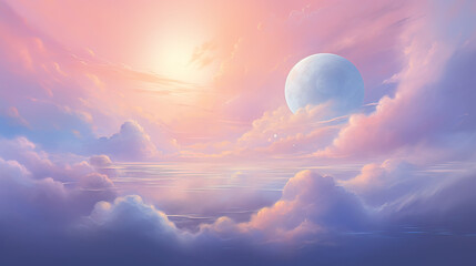 A peaceful pastel sky gently cradling a luminous, crescent moon amidst the clouds Ai Generative