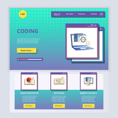 Coding flat landing page website template. Create prototype, sketching, website security. Web banner with header, content and footer. Vector illustration.