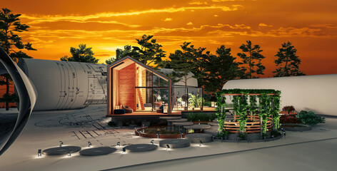 Projekt eines energieeffizienten Einfamilienhauses in moderner Scheunenarchitektur mit Garten und Terrasse bei Nachtbeleuchtug (Abendrot im Hintergrund) - 3D Visualisierung - obrazy, fototapety, plakaty