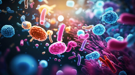 Probiotics Bacteria Biology, microflora. Bowel health, Escherichia coli, colony. - obrazy, fototapety, plakaty