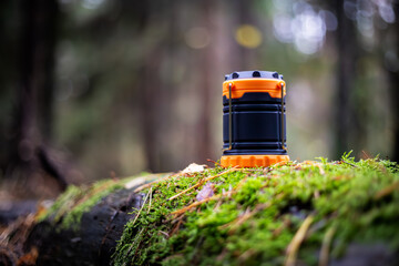 Kenping lantern against a forest background. Standing on a fallen tree with moss. The concept of comfort while hiking or traveling.