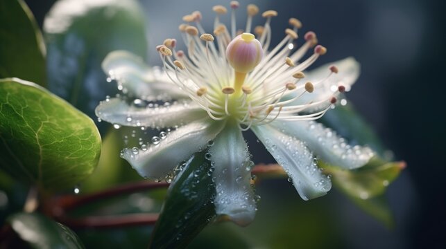 An up-close view of the Feijoa's flower, capturing its intricate details and the delicate colors of its petals.