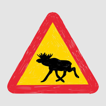 Warning for moose road sign in Sweden, Freehand sketch of triangular traffic sign with yellow background, red border and  black image of moose, Animal warning sign hand drawn