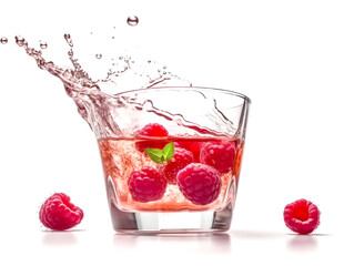 Glass of raspberry juice isolated on white background.