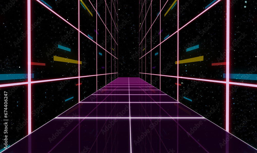Poster retro sci-fi background futuristic grid landscape of the 80`s. digital cyber surface. suitable for d