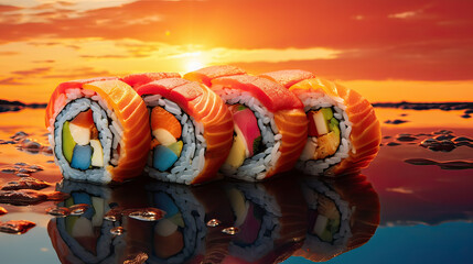 A sushi roll reflecting the mesmerizing colors of a spiraling, vibrant sunset Ai Generative