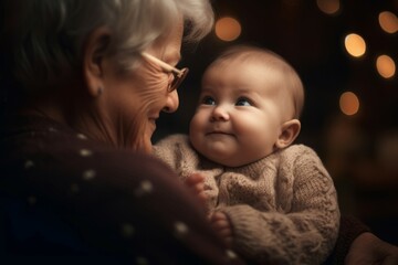 Happy granny with baby. Home positive face old generation. Generate Ai
