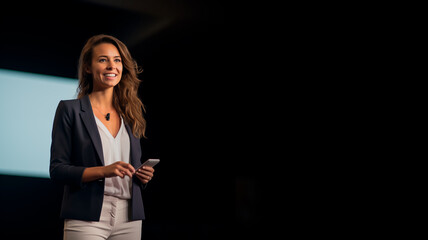 Female keynote speaker or influencer holding a motivational presentation to a live audience. Concept of speaking in front of people, perhaps as a leader or presenter. Shallow field of view.