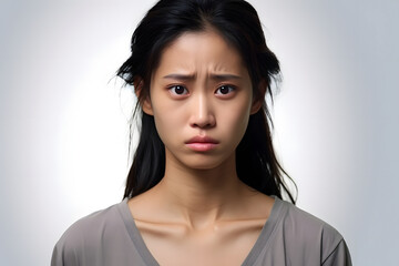 Sad crying Asian young adult woman portrait on light grey background. Neural network generated photorealistic image. Not based on any actual person or scene.