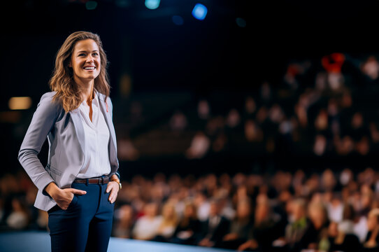 Female keynote speaker or influencer holding a motivational presentation to a live audience. Concept of speaking in front of people, perhaps as a leader or presenter. Shallow field of view.