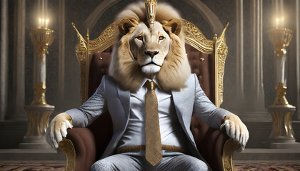 Lion dressed as a king sitting on a throne wearing a suit and tie looking away fantasy